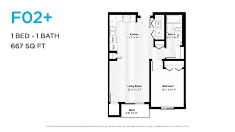 Floor plan for 1 bed, 1 bath, 651 sqft